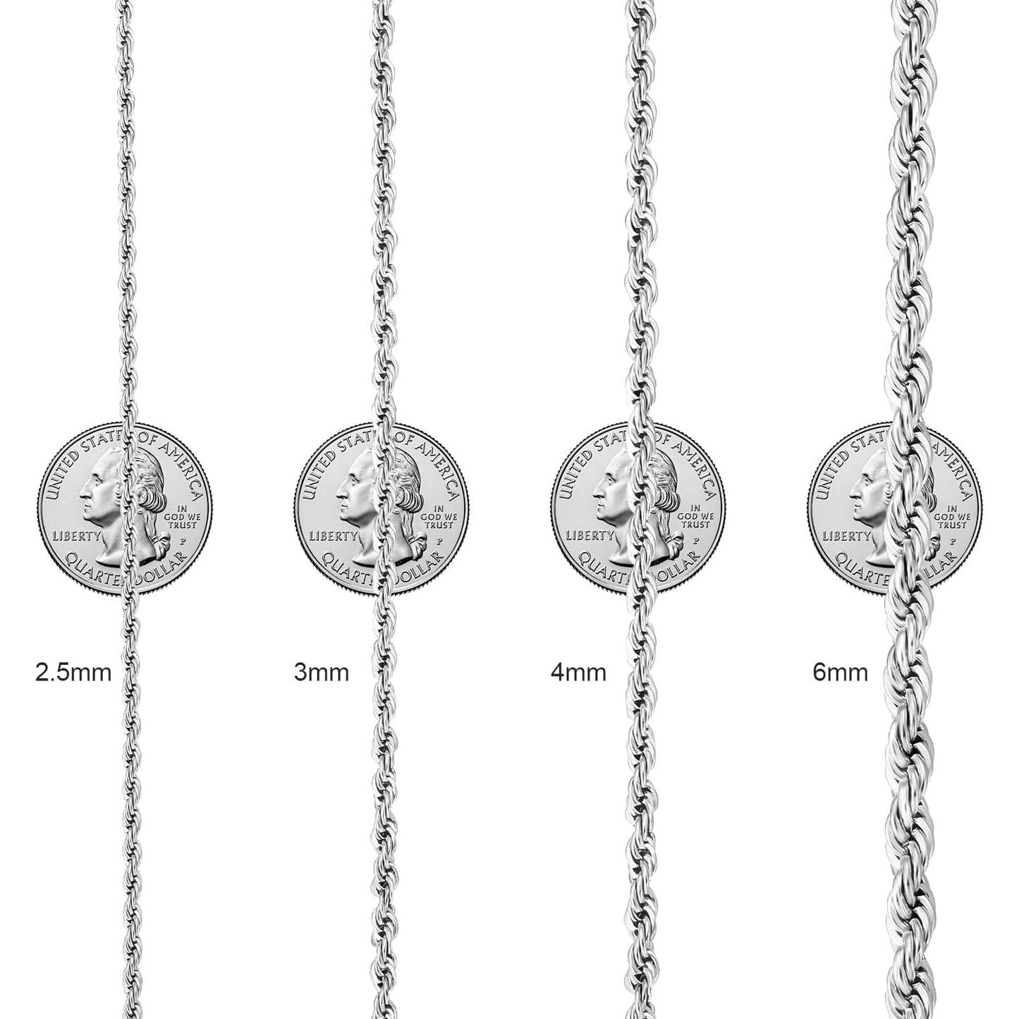 Wholesale Mens Rope Chain Stainless Steel 4mm in White Gold