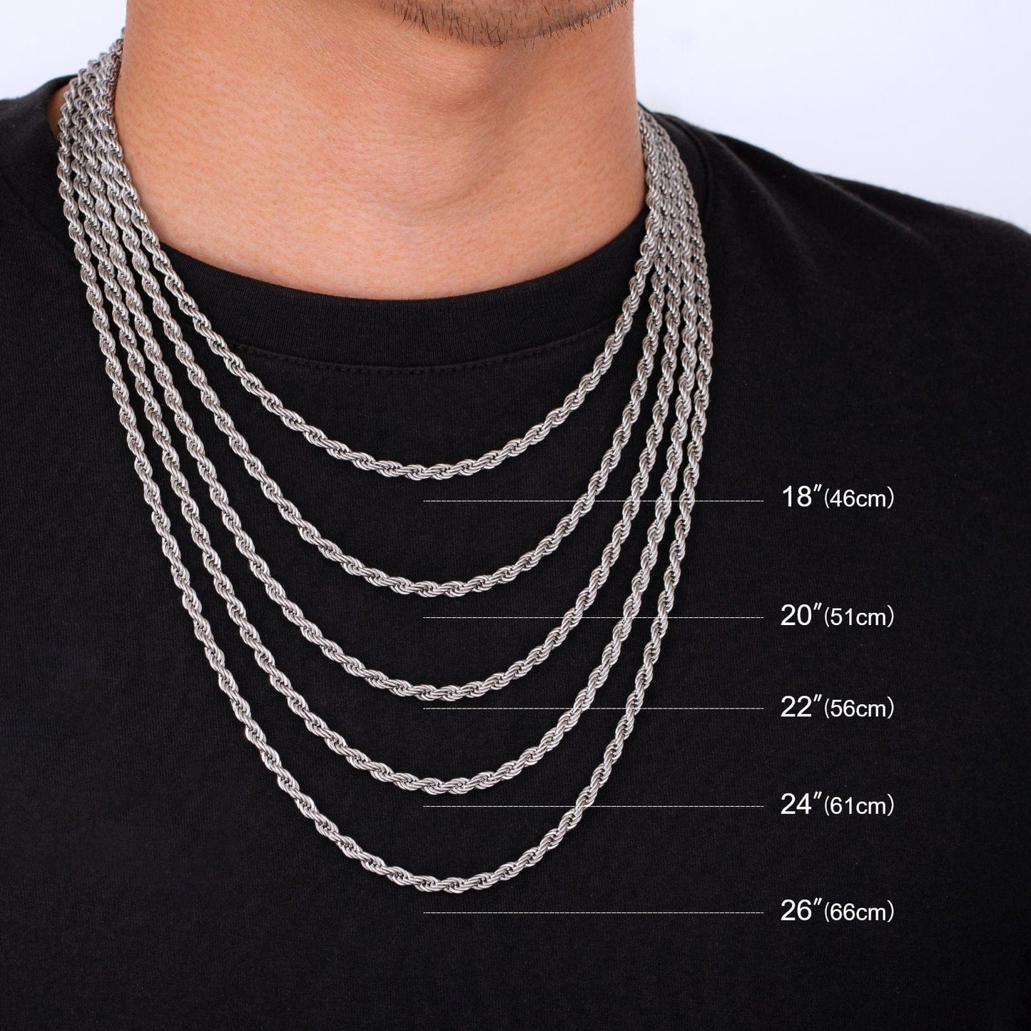 Wholesale Mens Rope Chain Stainless Steel 4mm in White Gold