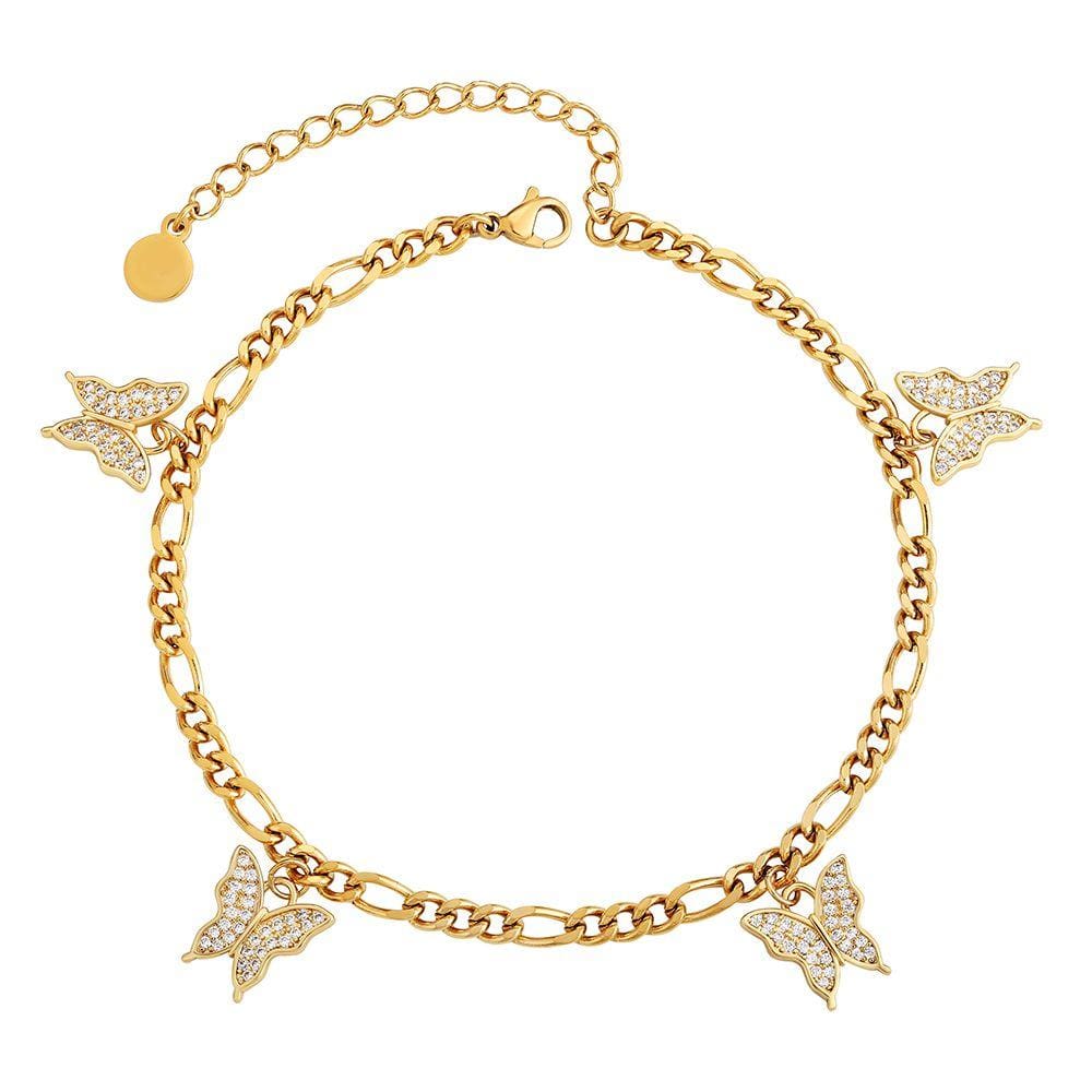 Wholesale Stainless Steel Anklets 4mm Gold Figaro Butterfly Anklet Bracelet for Women Adjustable Size