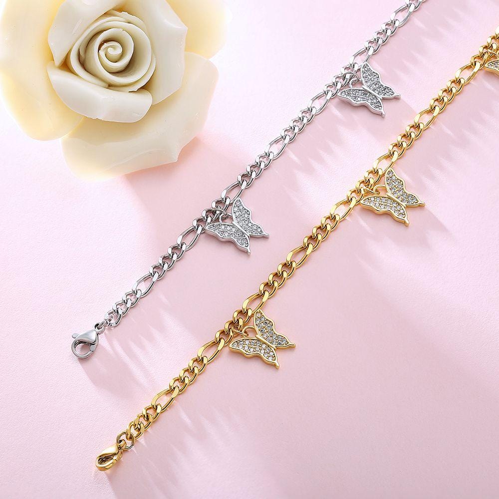 Wholesale Stainless Steel Anklets 4mm Gold Figaro Butterfly Anklet Bracelet for Women Adjustable Size