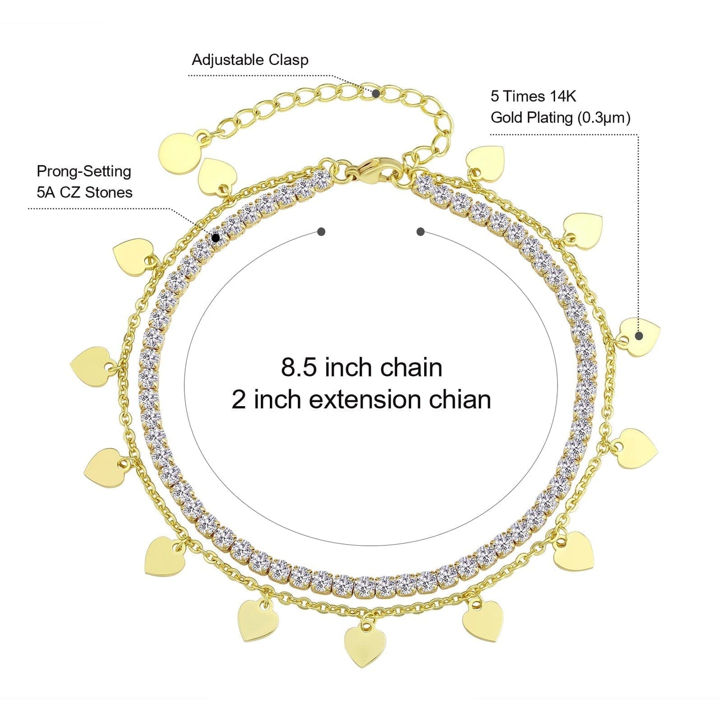 Wholesale 4mm Heart Anklet Bracelet for Women Adjustable Size