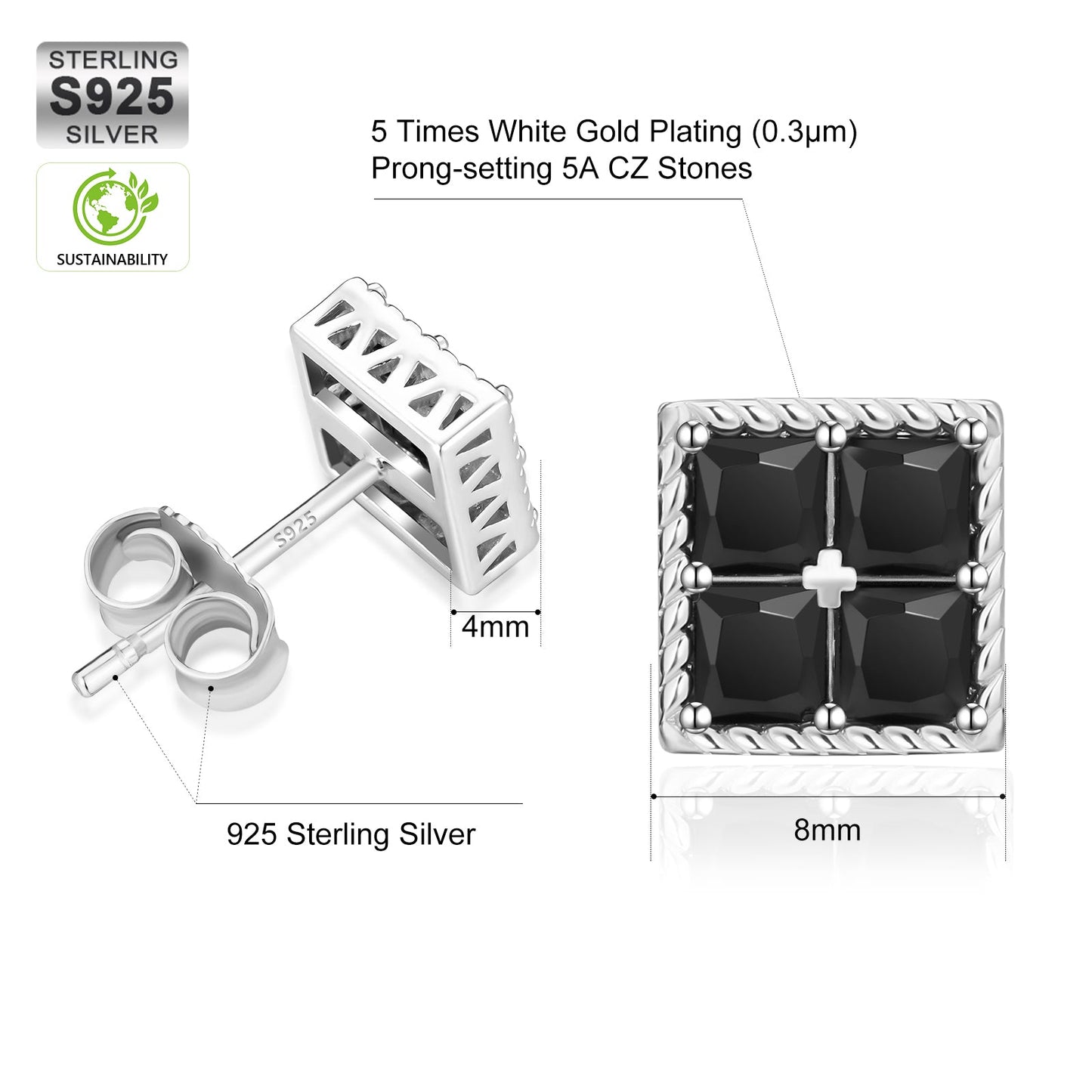 Wholesale Men's Earrings Square Black CZ Iced Stud Earrings for Men