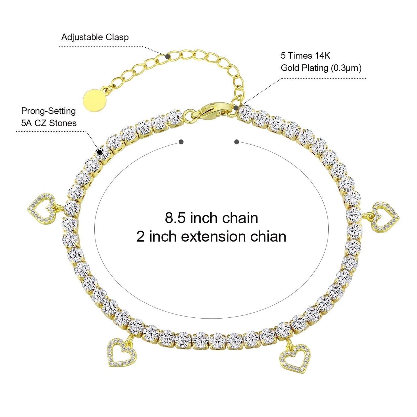 Wholesale 4mm Tennis Charm Heart Pendant Anklet Bracelet for Women Adjustable Size