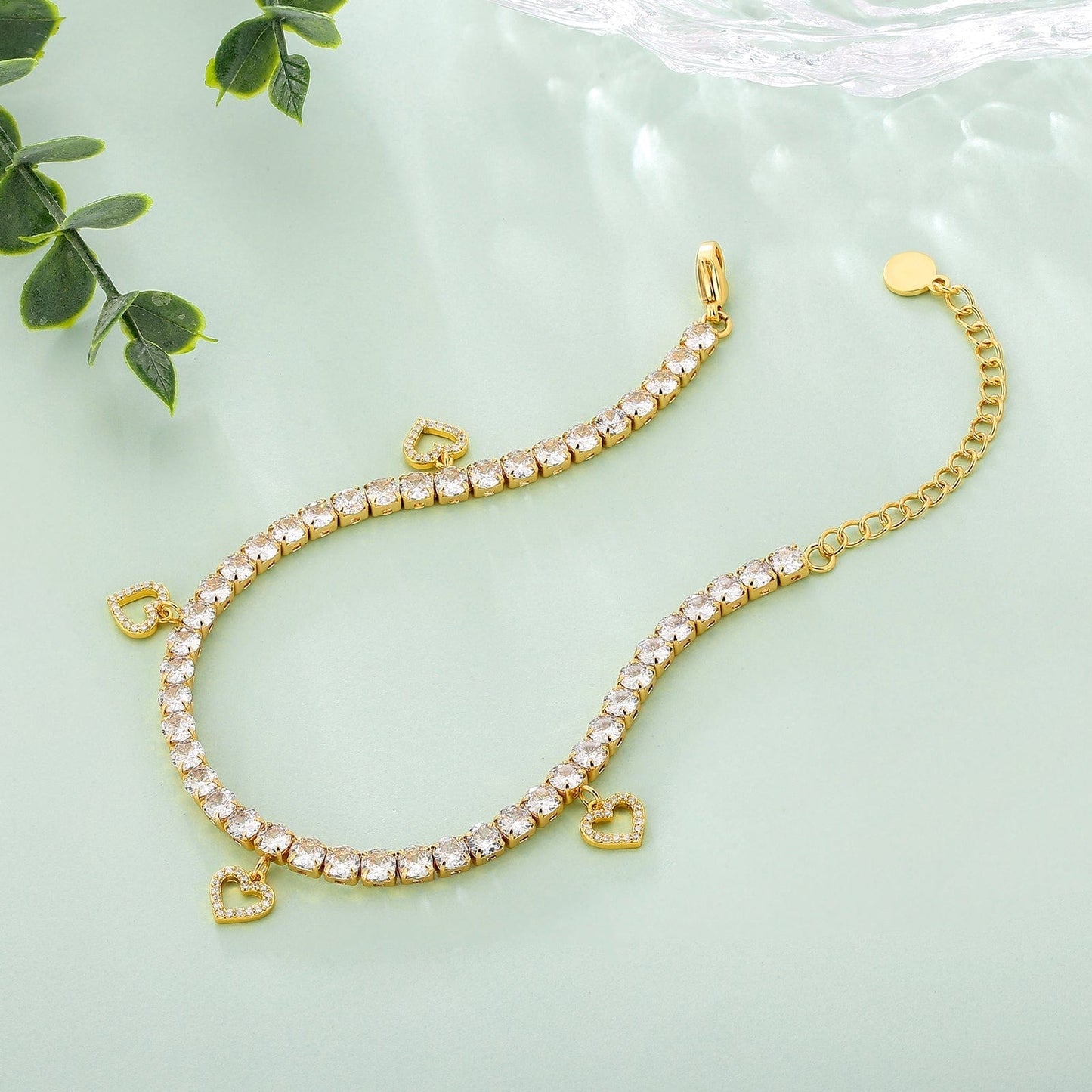 Wholesale 4mm Tennis Charm Heart Pendant Anklet Bracelet for Women Adjustable Size