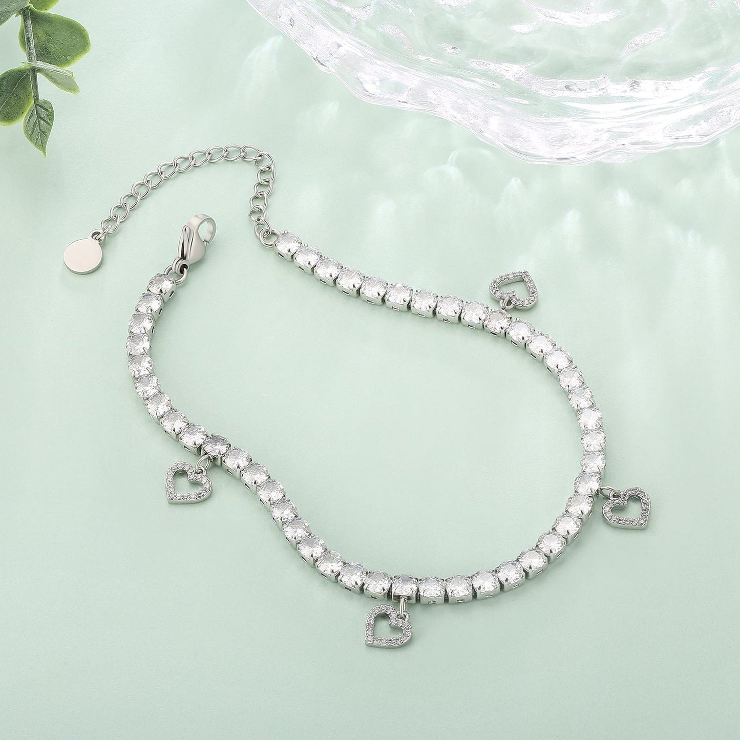 Wholesale 4mm Tennis Charm Heart Pendant Anklet Bracelet for Women Adjustable Size