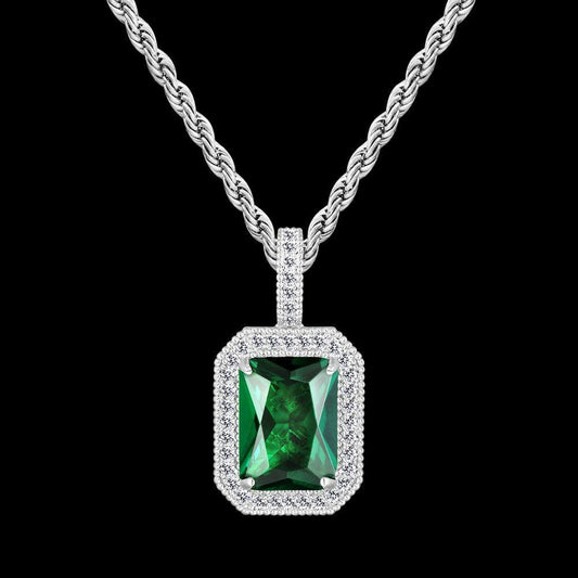 Wholesale Hip Hip Custom Pendants May Birthstone Mens Necklace with Emerald and Diamond in White Gold