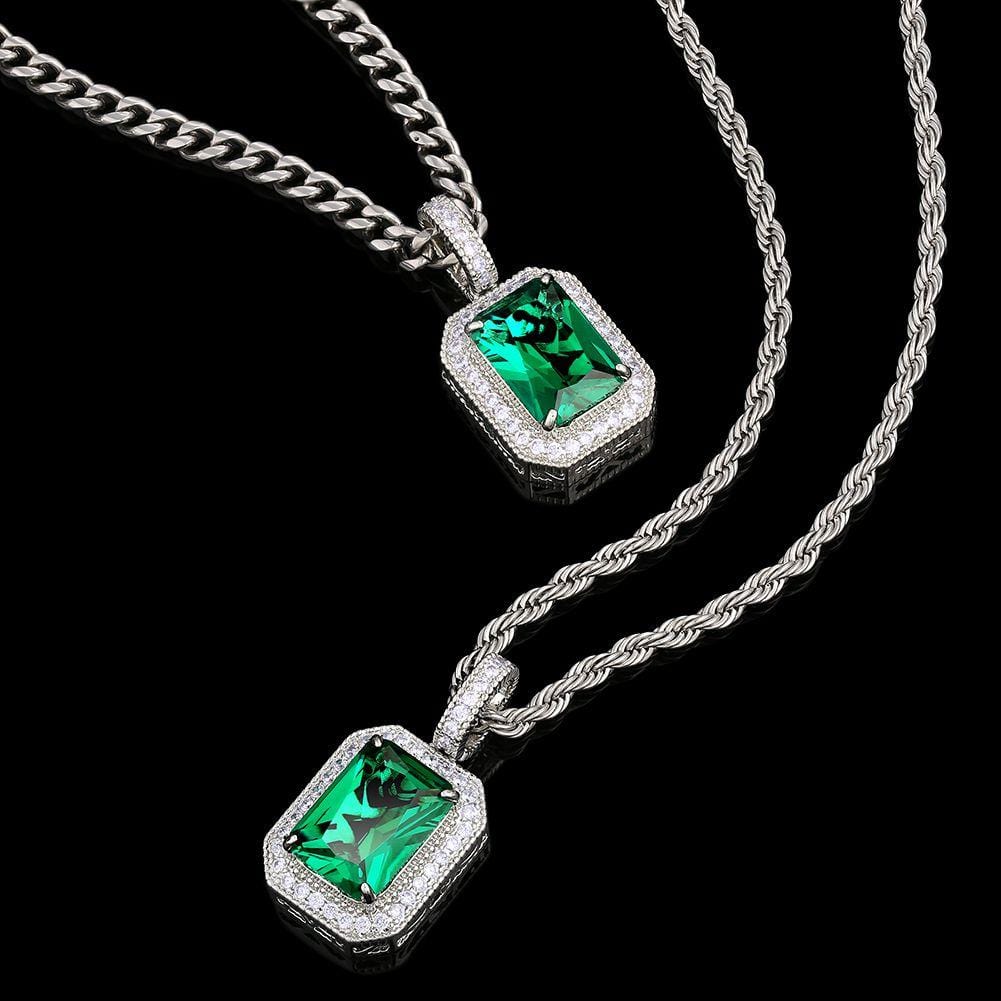 Wholesale Hip Hip Custom Pendants May Birthstone Mens Necklace with Emerald and Diamond in White Gold