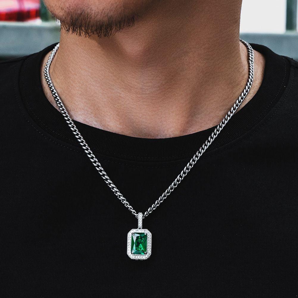 Wholesale Hip Hip Custom Pendants May Birthstone Mens Necklace with Emerald and Diamond in White Gold