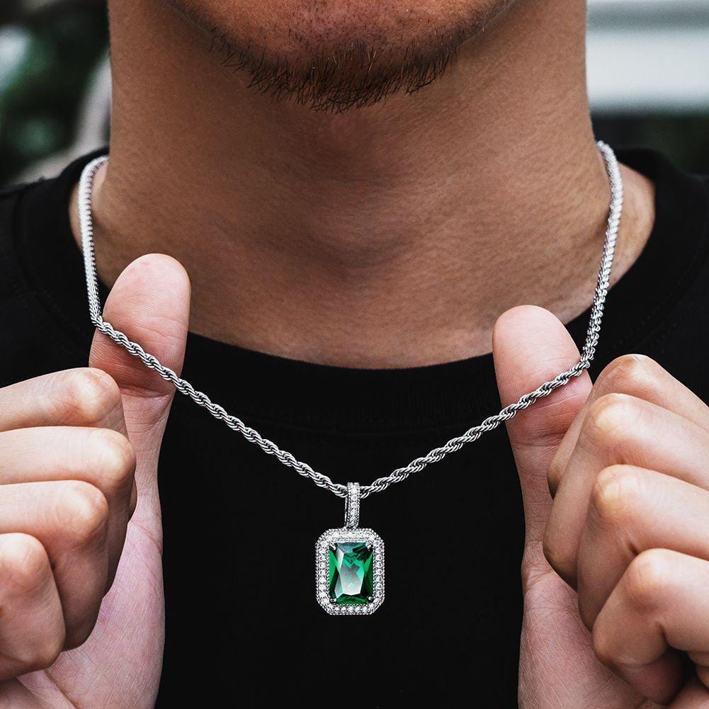 Wholesale Hip Hip Custom Pendants May Birthstone Mens Necklace with Emerald and Diamond in White Gold