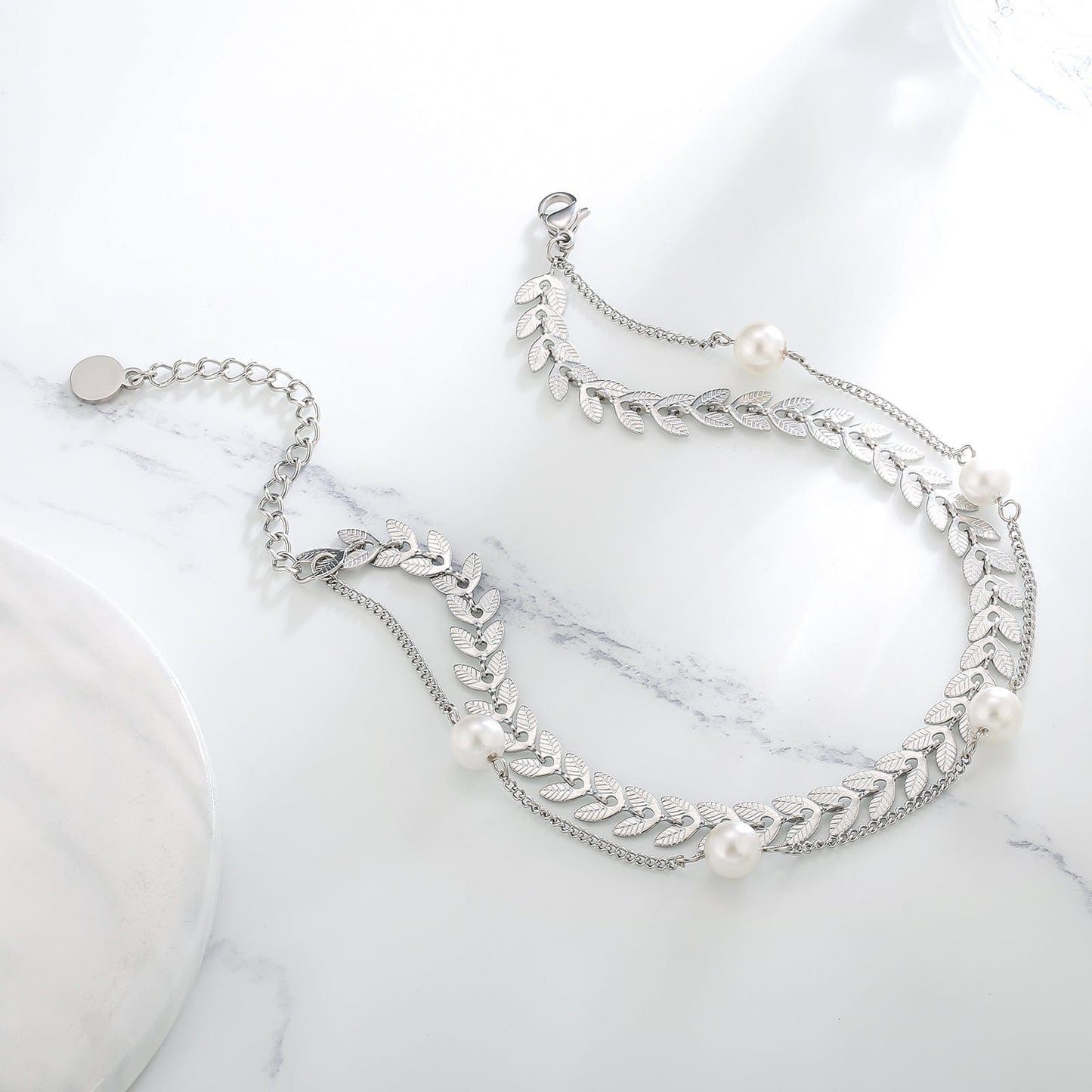 Wholesale Women Anklet Bracelet Stainless Steel Pearl Leaf 6mm Double Layer Adjustable Size