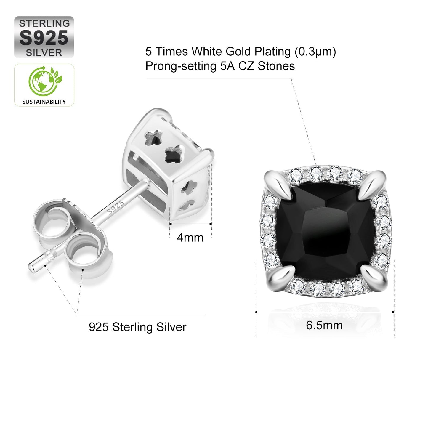 Wholesale Men's Earrings Square Black CZ Prong Setting Stud Earrings for Men