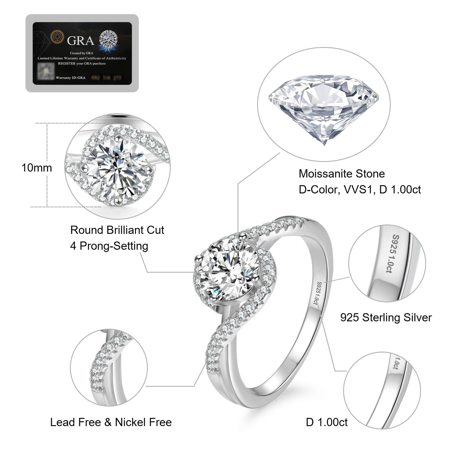 Wholesale Vintage Moissanite Engagement Ring 1 Carat D Color Round Cut 925 Sterling Silver GRA Certificated Rhodium Plated