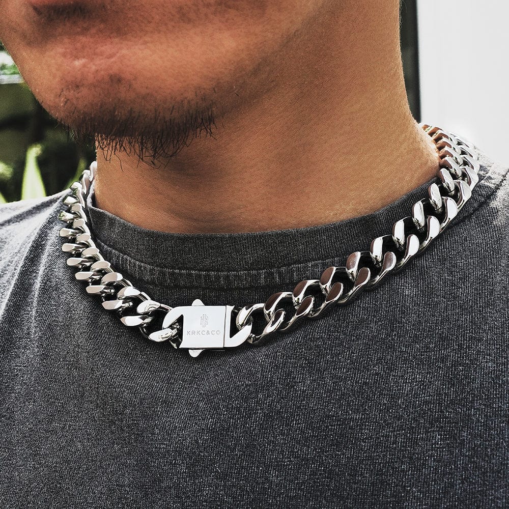 Wholesale Men Cuban Chains Curb Chain Necklace with Hook Buckle Clasp Stainless Steel 14mm in White Gold/18K Gold