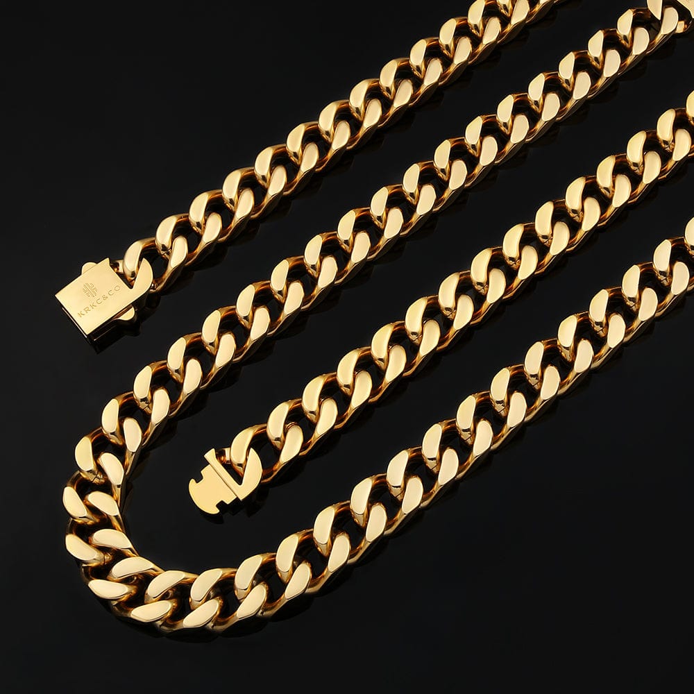 Wholesale Men Cuban Chains Curb Chain Necklace with Hook Buckle Clasp Stainless Steel 14mm in White Gold/18K Gold