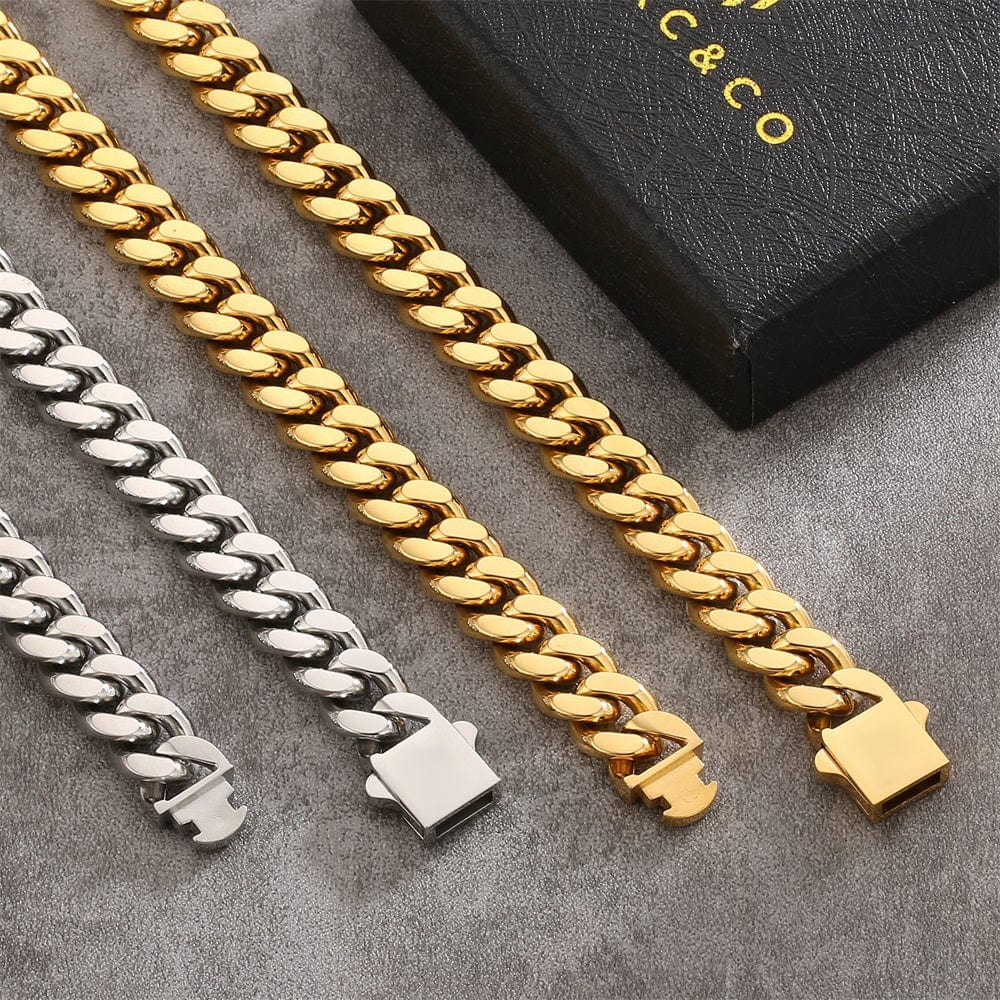 Wholesale Curb Chain Necklace Stainless Steel 10mm with Hook Buckle Clasp in White Gold/18K Gold