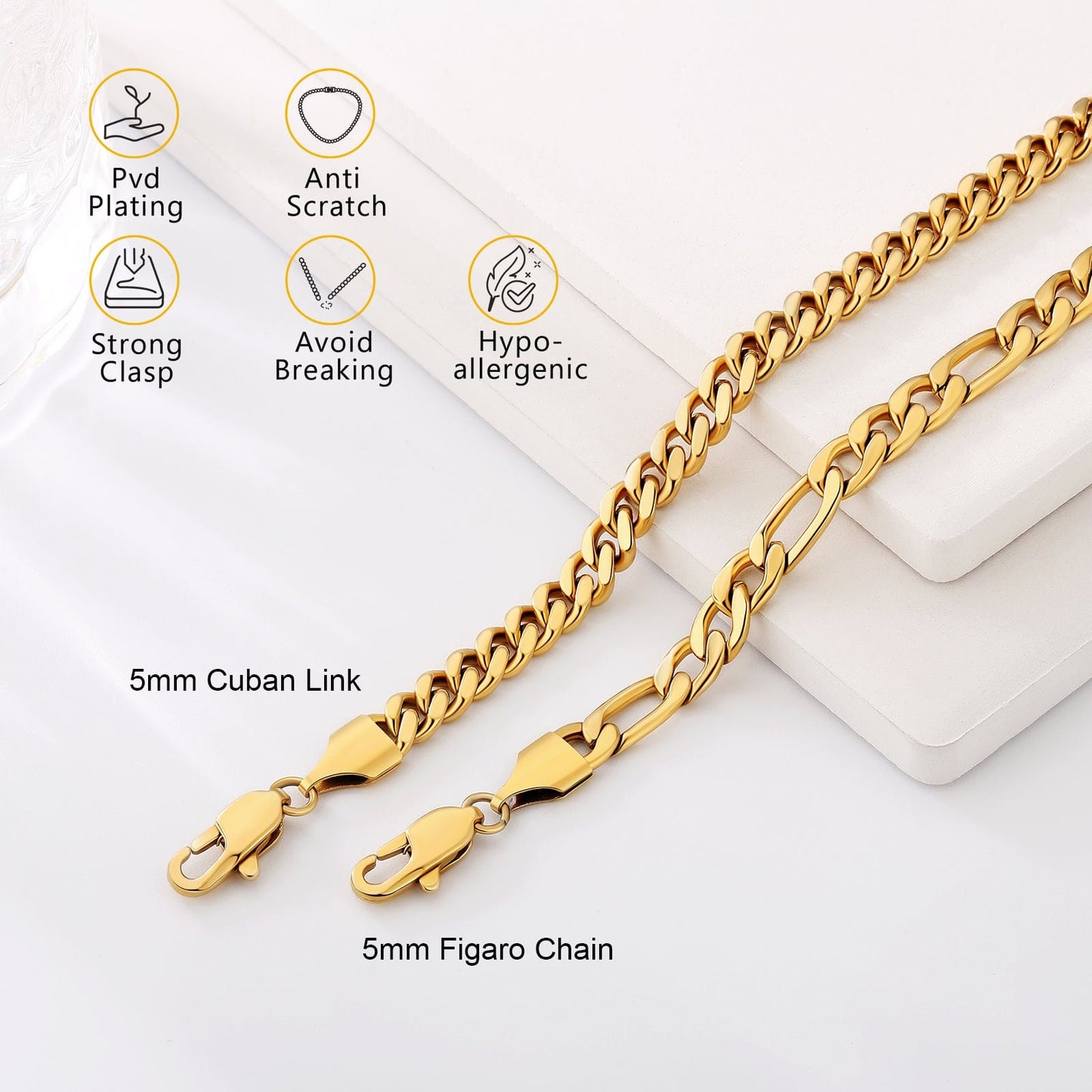 Wholesale Figaro Chain Bracelet 5mm Stainless Steel Gold Plated