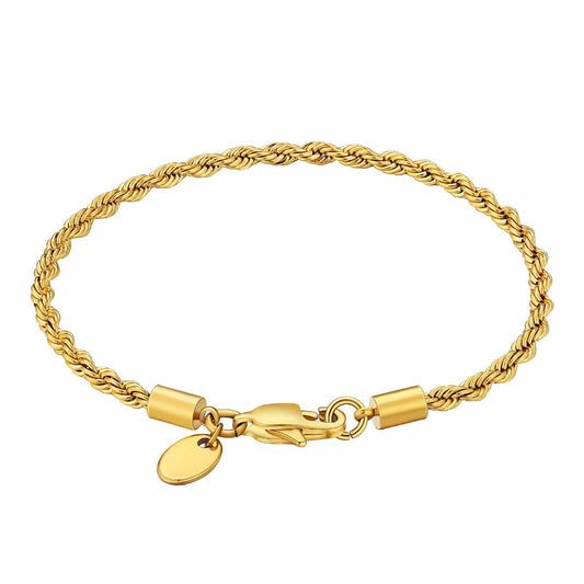 Wholesale Hip Hop Jewelry Rope Chain Bracelet 3mm Stainless Steel Gold Plated