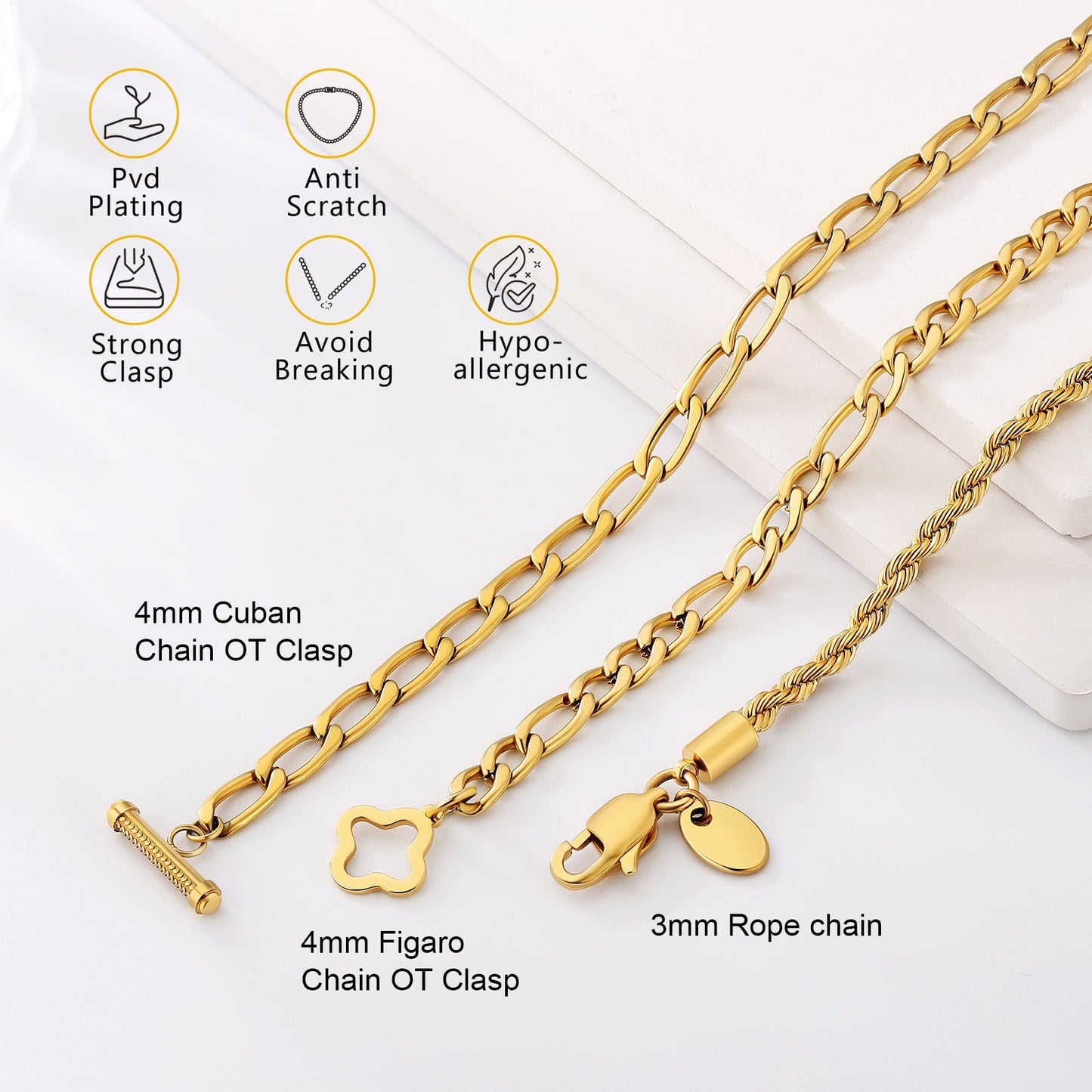 Wholesale Hip Hop Jewelry Rope Chain Bracelet 3mm Stainless Steel Gold Plated