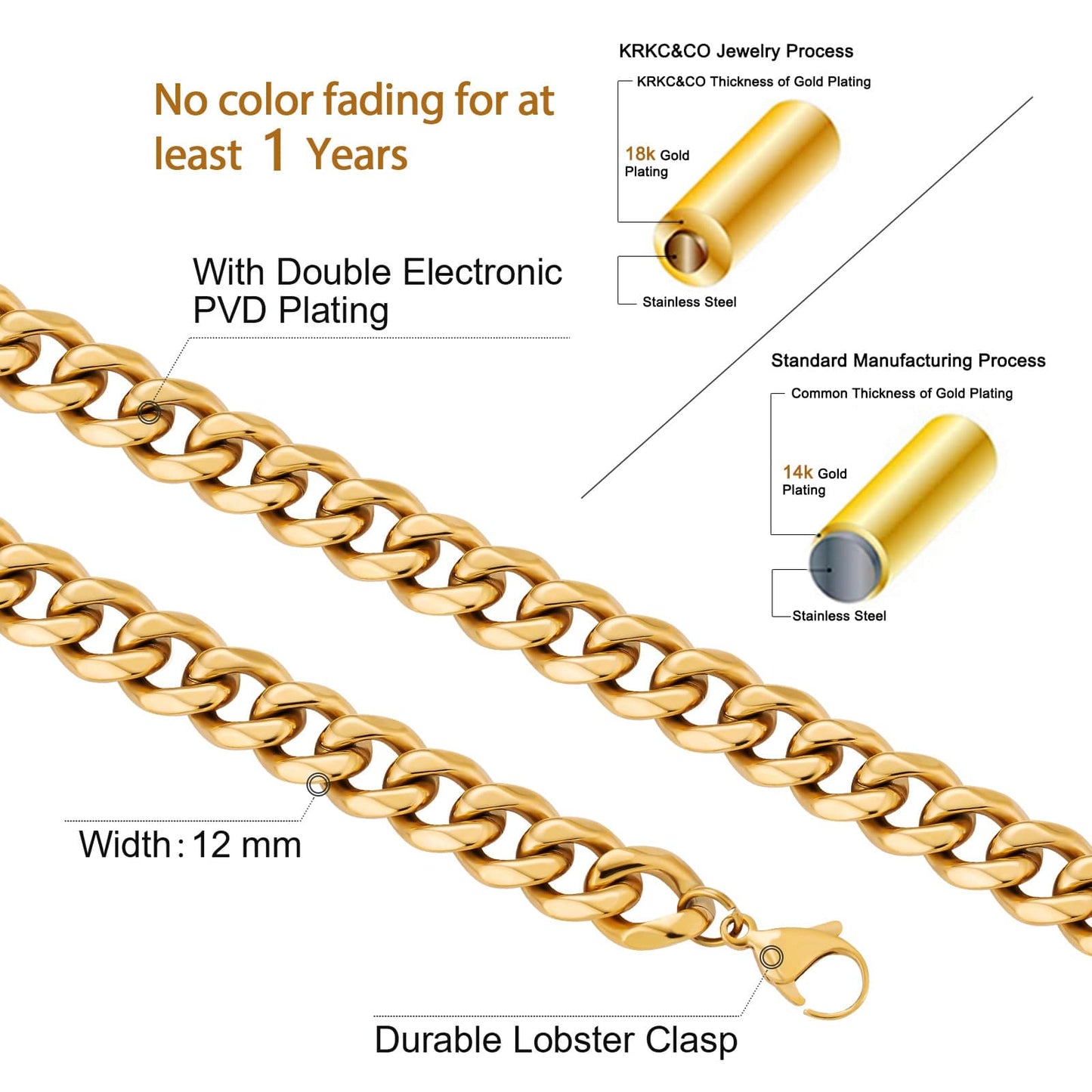 Wholesale Curb Cuban Chain Bracelets 12mm in White Gold/18K Gold