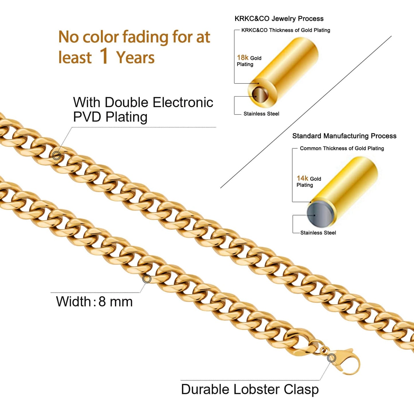 Wholesale Curb Cuban Chain Bracelets 8mm in White Gold/18K Gold