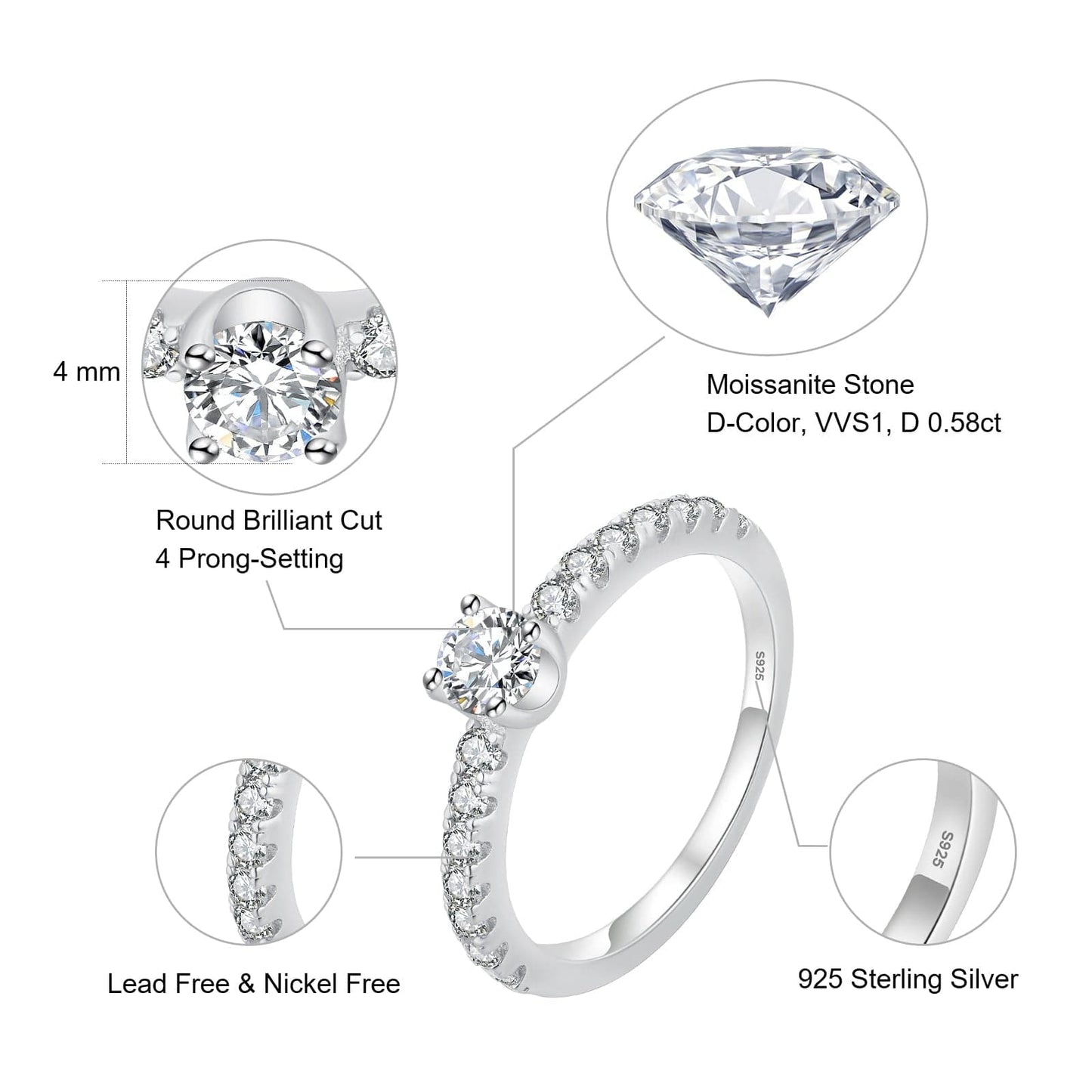 0.58 Carats VVS1 Moissanite Rings for Women 0115