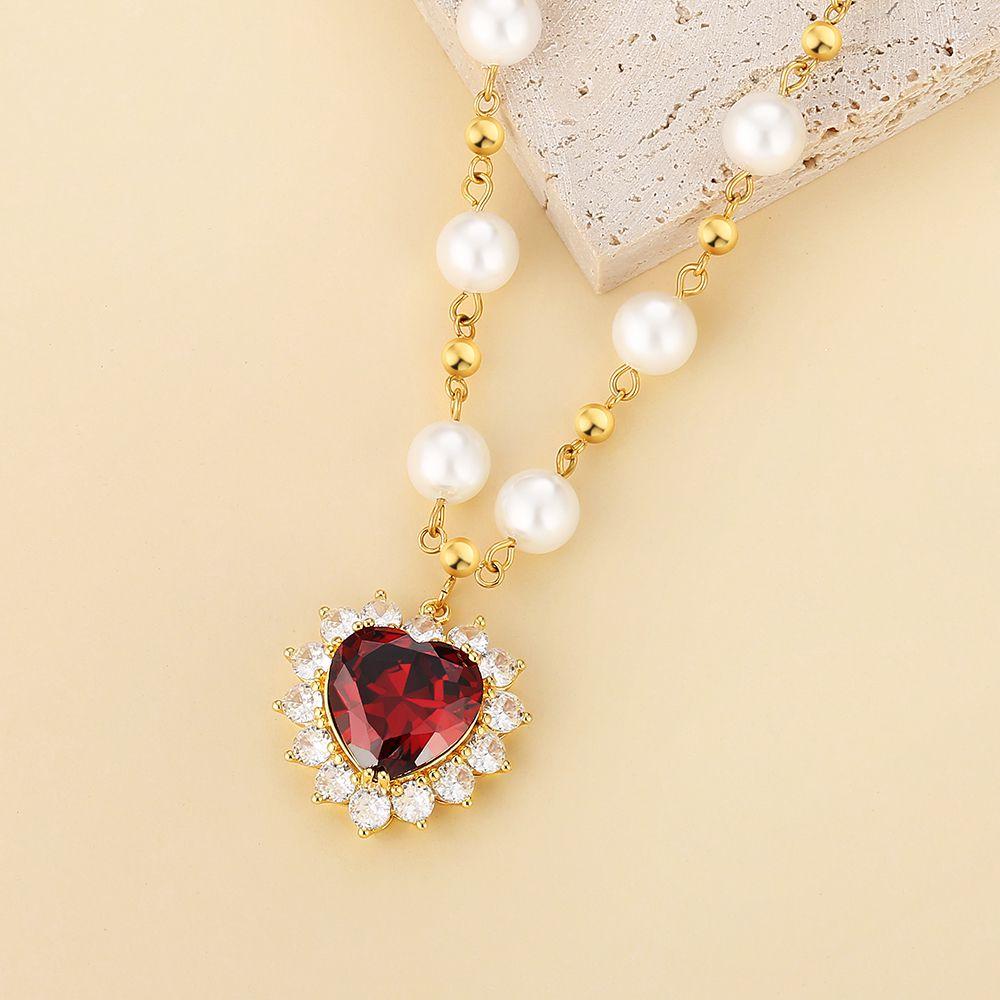 Diamond Red Ruby Pendant Pearl Necklace