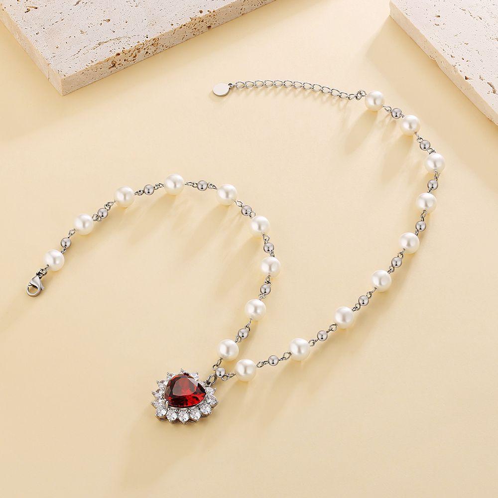 Diamond Red Ruby Pendant Pearl Necklace