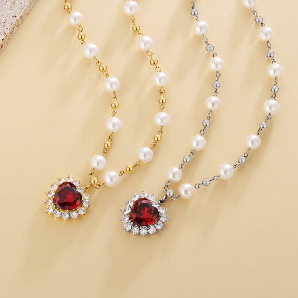 Diamond Red Ruby Pendant Pearl Necklace