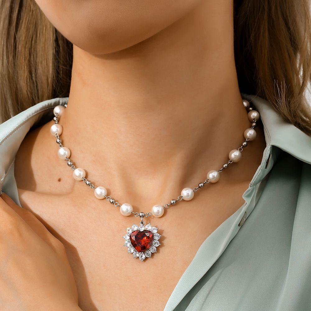 Diamond Red Ruby Pendant Pearl Necklace