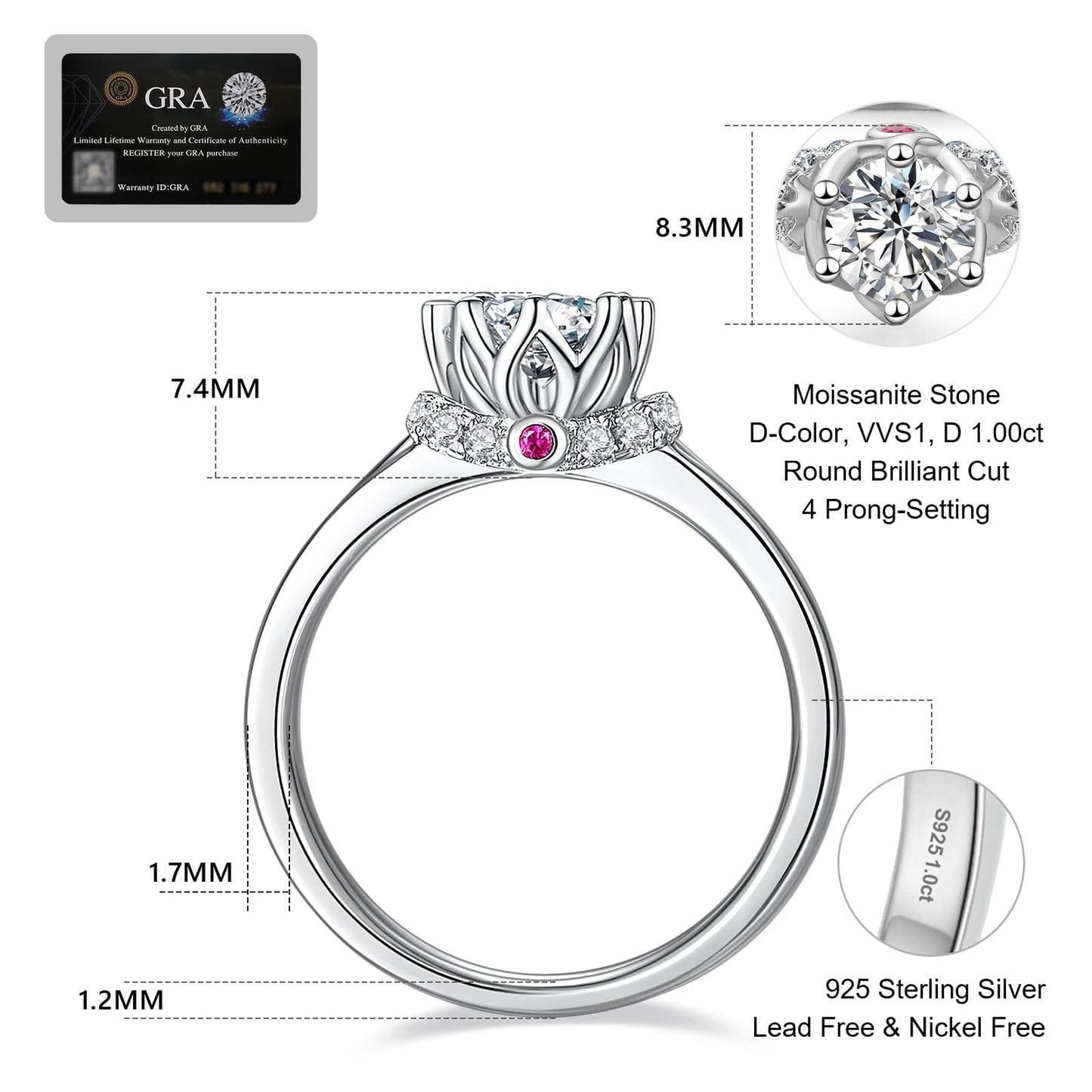 Wholesale VVS1 Moissanite Rings 1.0 Carats 4-Prong Setting for Women 0117