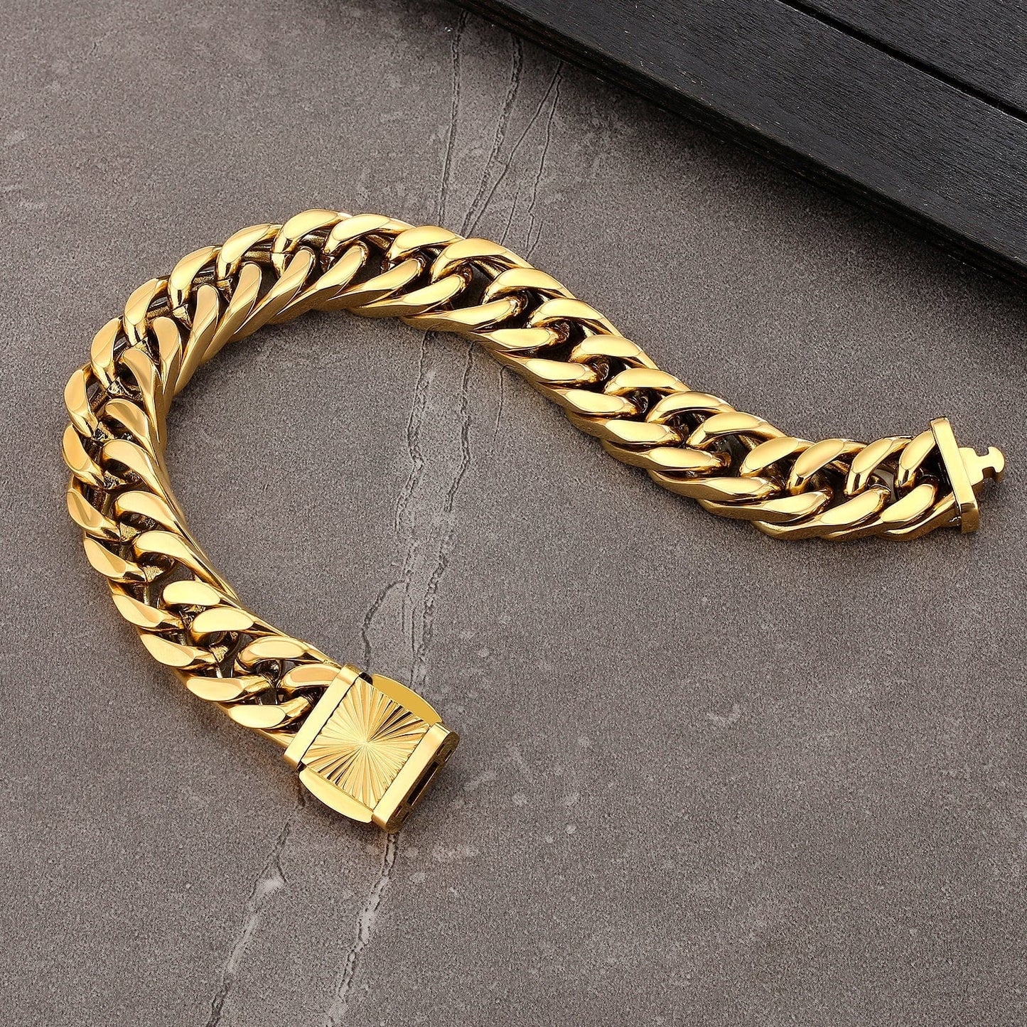 Wholesale Cuban Link Bracelet Stainless Steel 12mm 4-Sided 18K Gold Plated