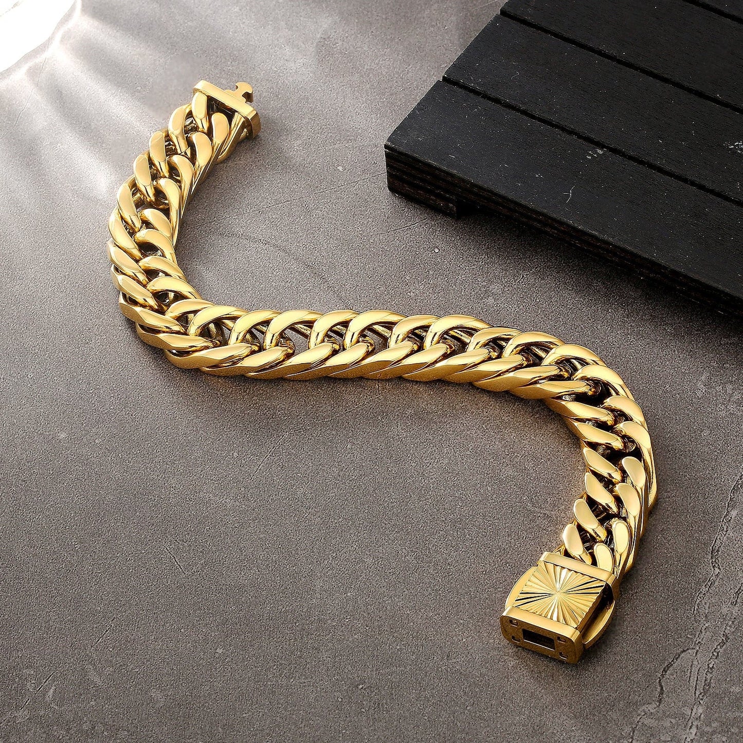 Wholesale Cuban Link Bracelet Stainless Steel 12mm 4-Sided 18K Gold Plated