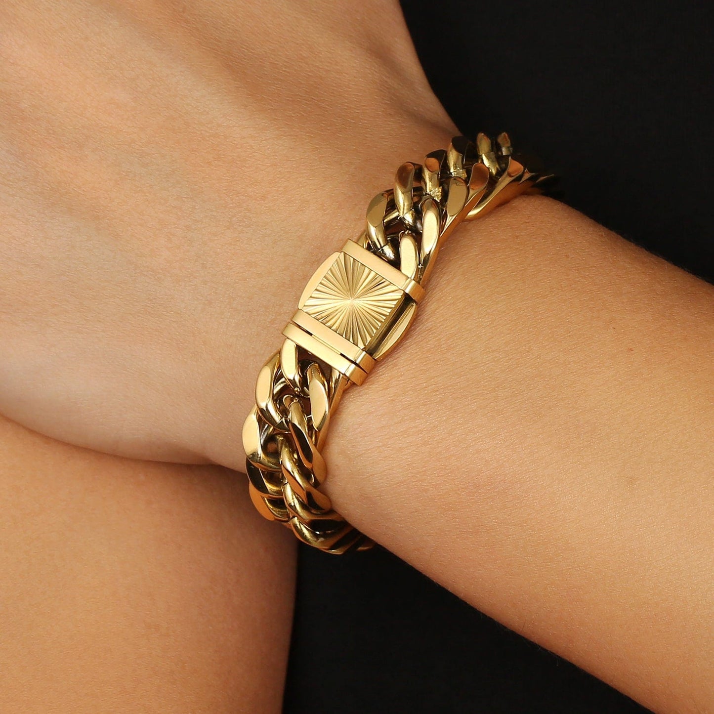 Wholesale Cuban Link Bracelet Stainless Steel 12mm 4-Sided 18K Gold Plated