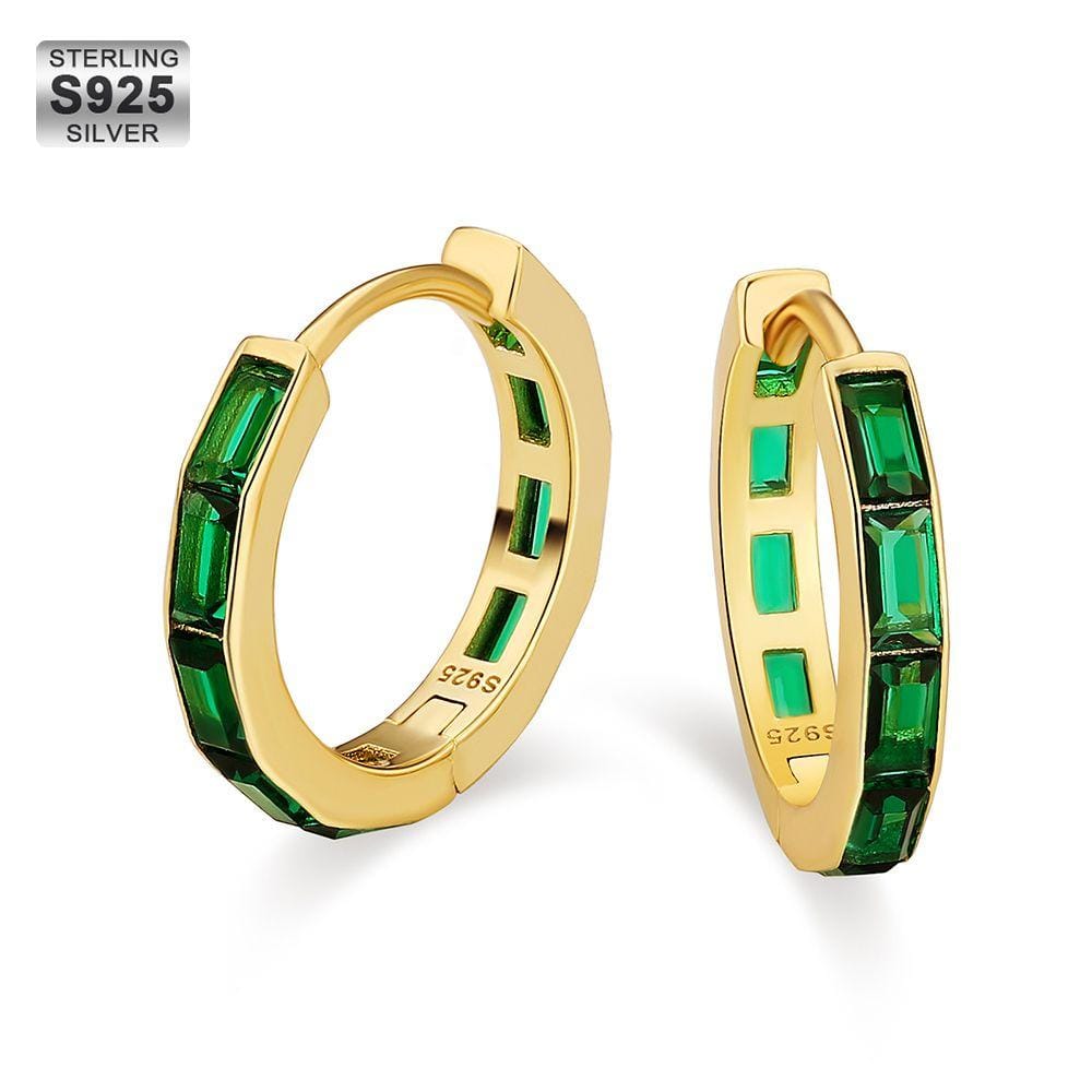 Wholesale S925 Sterling Silver Emerald Diamond Hoop Earrings Hypoallergenic Curved Face Hoop Men Earrings May Birthstone Emerald in 14K Gold