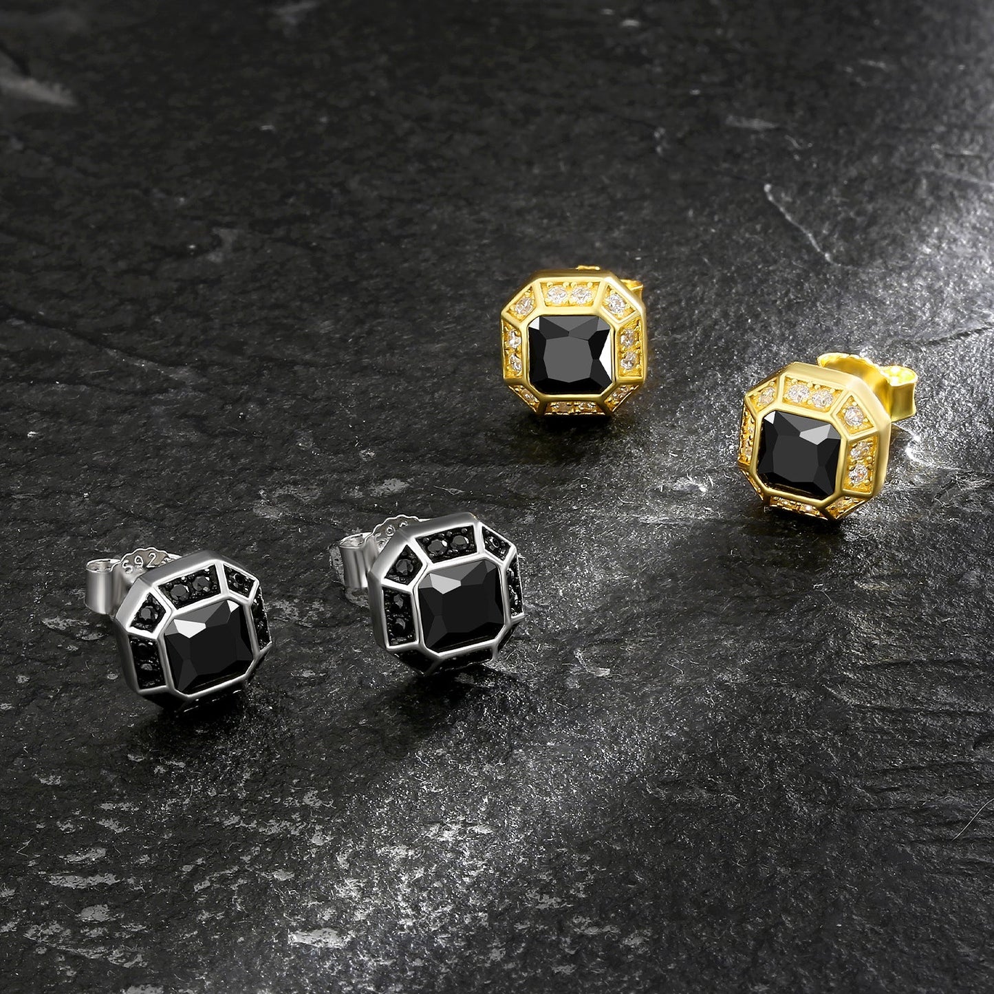 Wholesale Men's Earrings Octagon Black CZ Iced Stud Earrings for Men