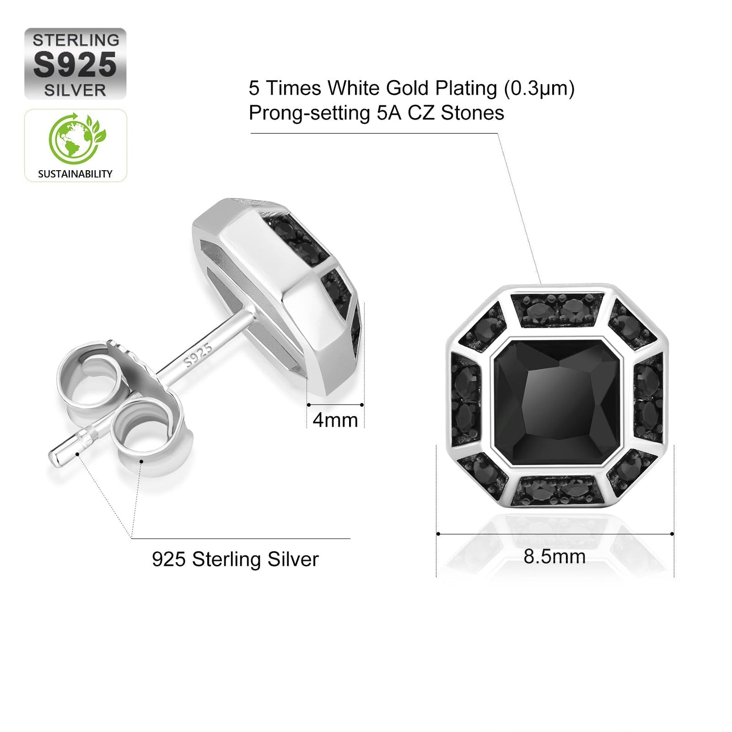 Wholesale Men's Earrings Octagon Black CZ Iced Stud Earrings for Men