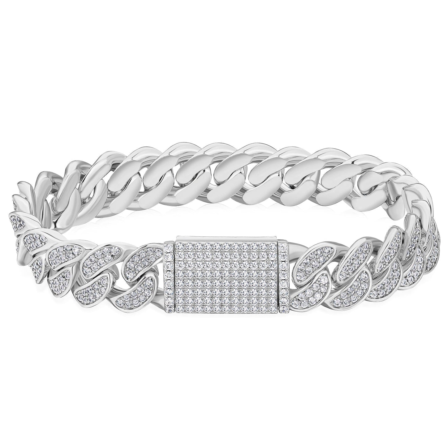 12mm CZ Diamond Iced Out Bracelet with Box Clasp in White Gold