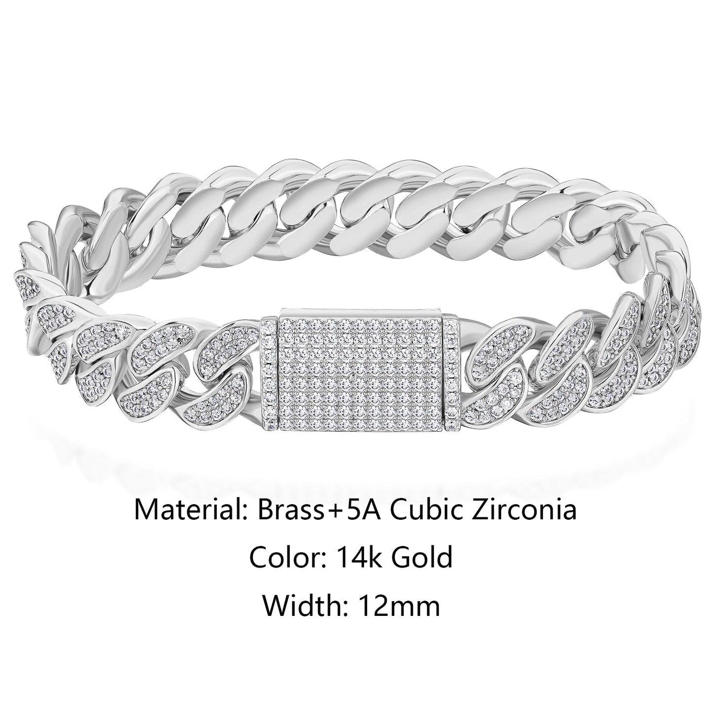 12mm CZ Diamond Iced Out Bracelet with Box Clasp in White Gold