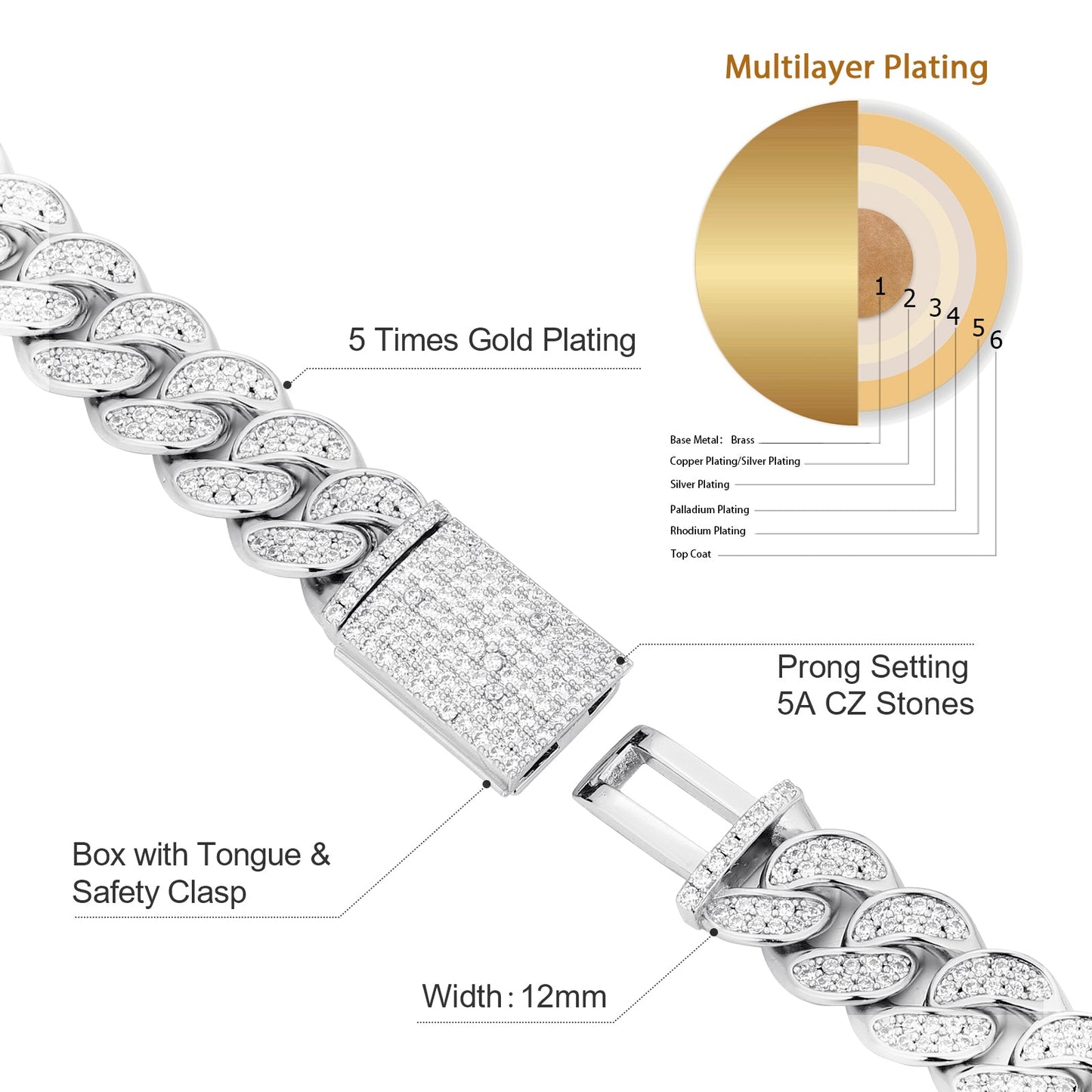 12mm CZ Diamond Iced Out Bracelet with Box Clasp