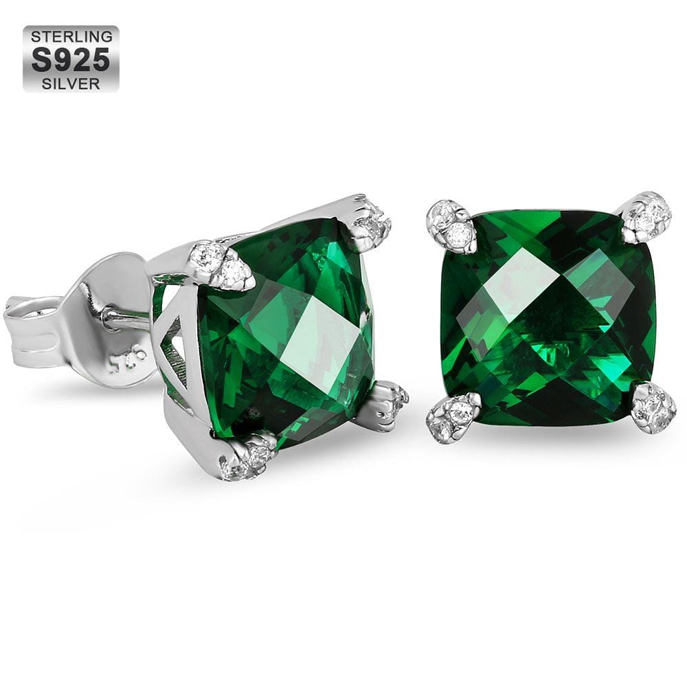 Wholesale S925 Sterling Silver Earrings Faceted Emerald Diamond Gemstone Stud Earrings 8mm CZ Stone May Birthstone Earrings for Men