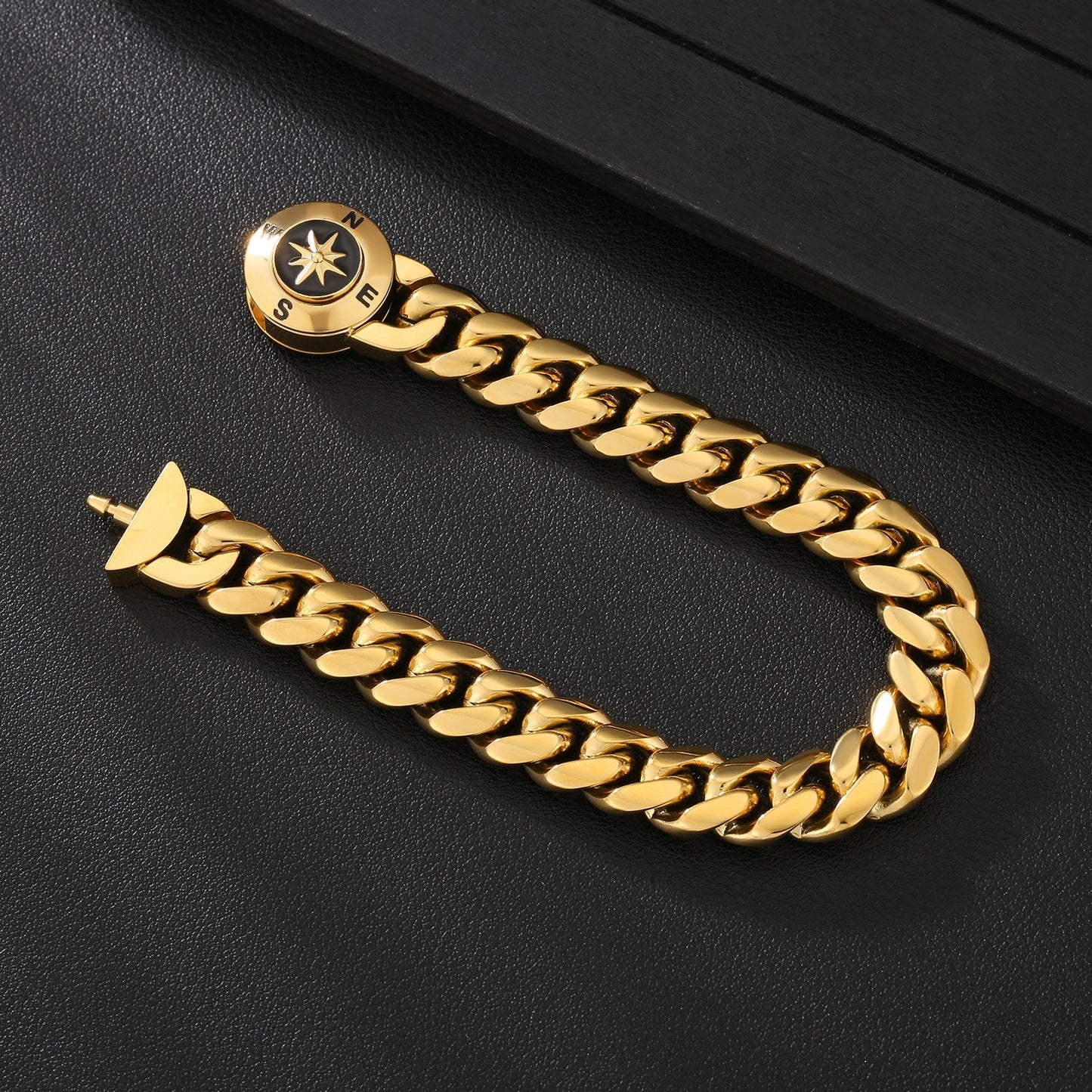 12mm Compass Button Clasp Miami Cuban Link Bracelet