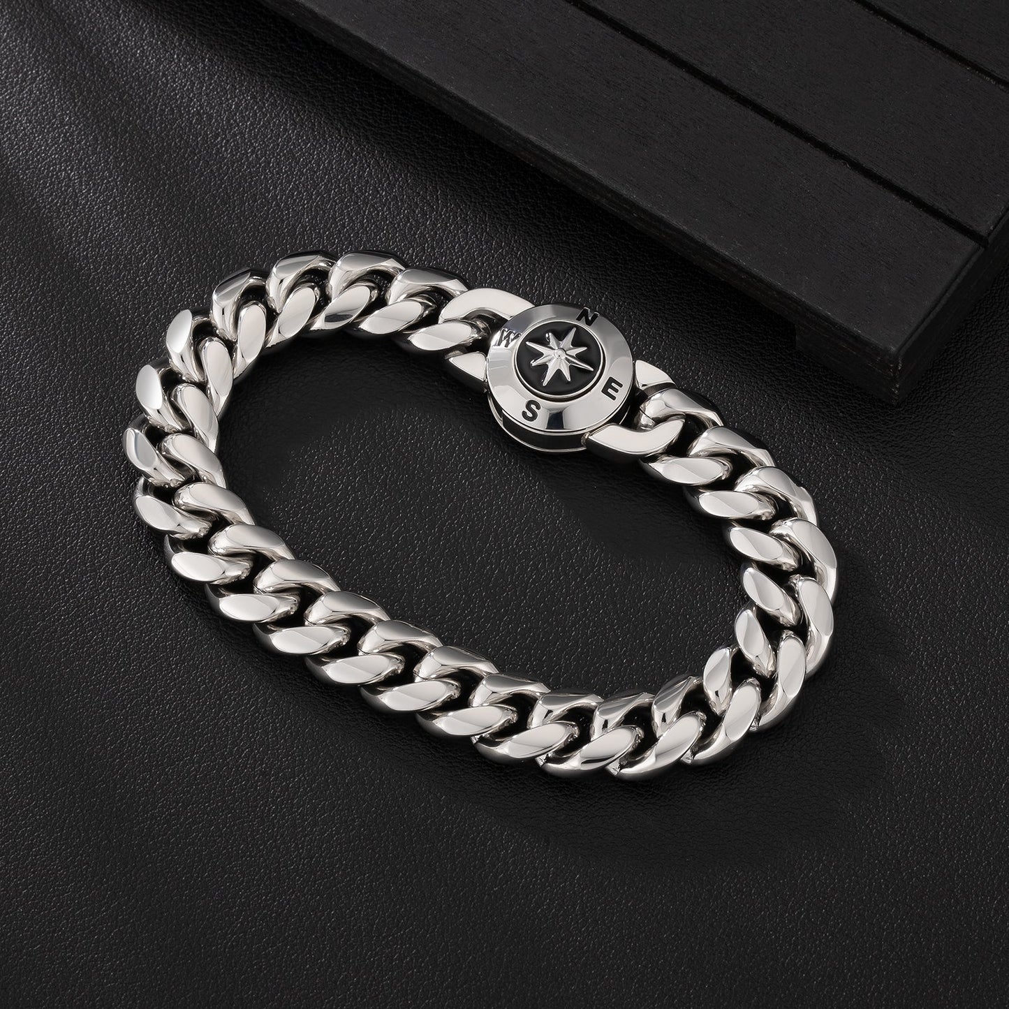 12mm Compass Button Clasp Miami Cuban Link Bracelet