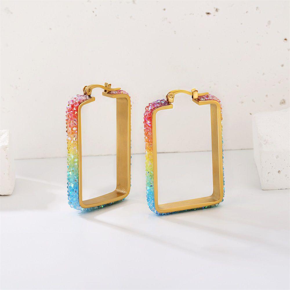 Wholesale Women Hoop Earrings Rainbow Exquisite Colored Crystal in 18K Gold