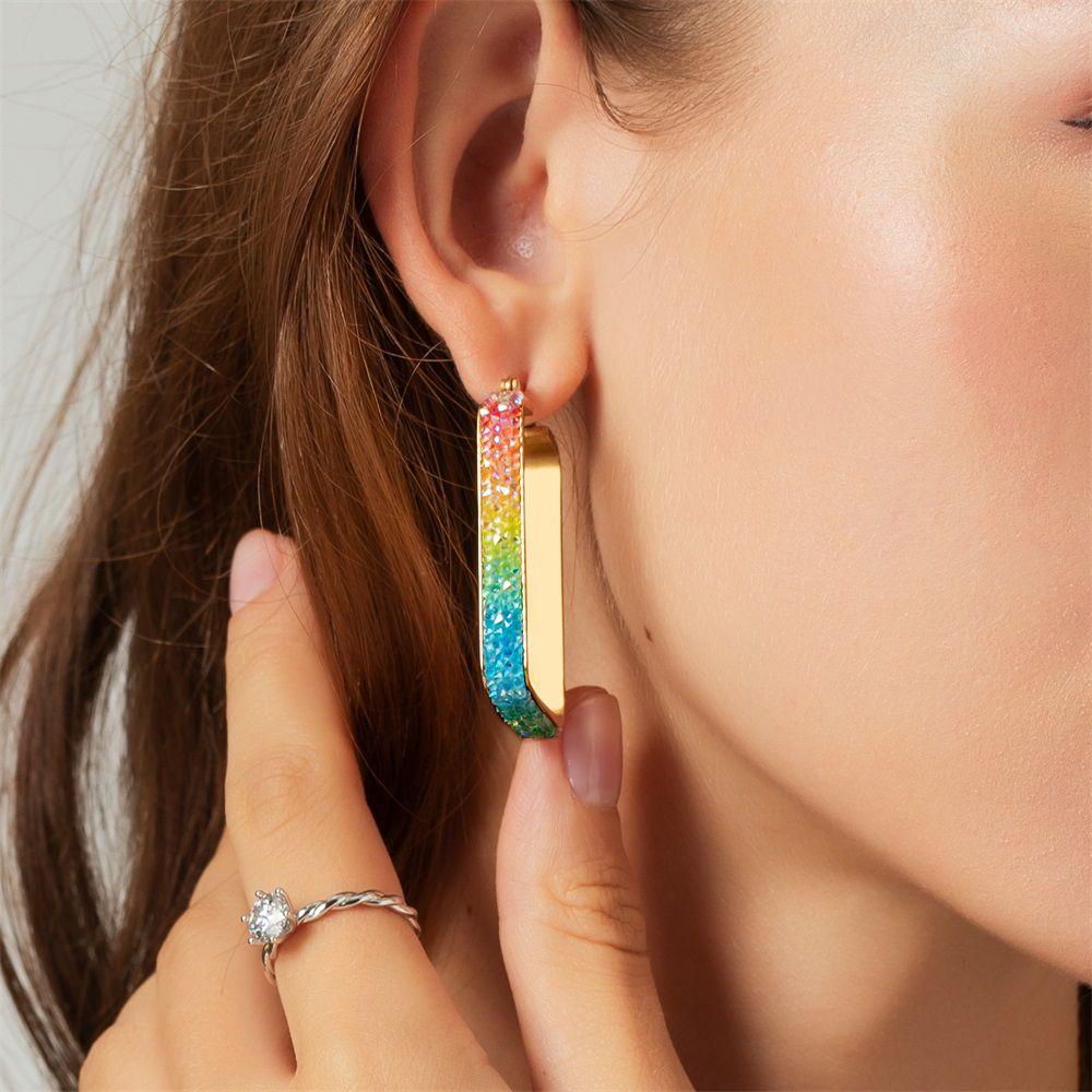 Wholesale Women Hoop Earrings Rainbow Exquisite Colored Crystal in 18K Gold