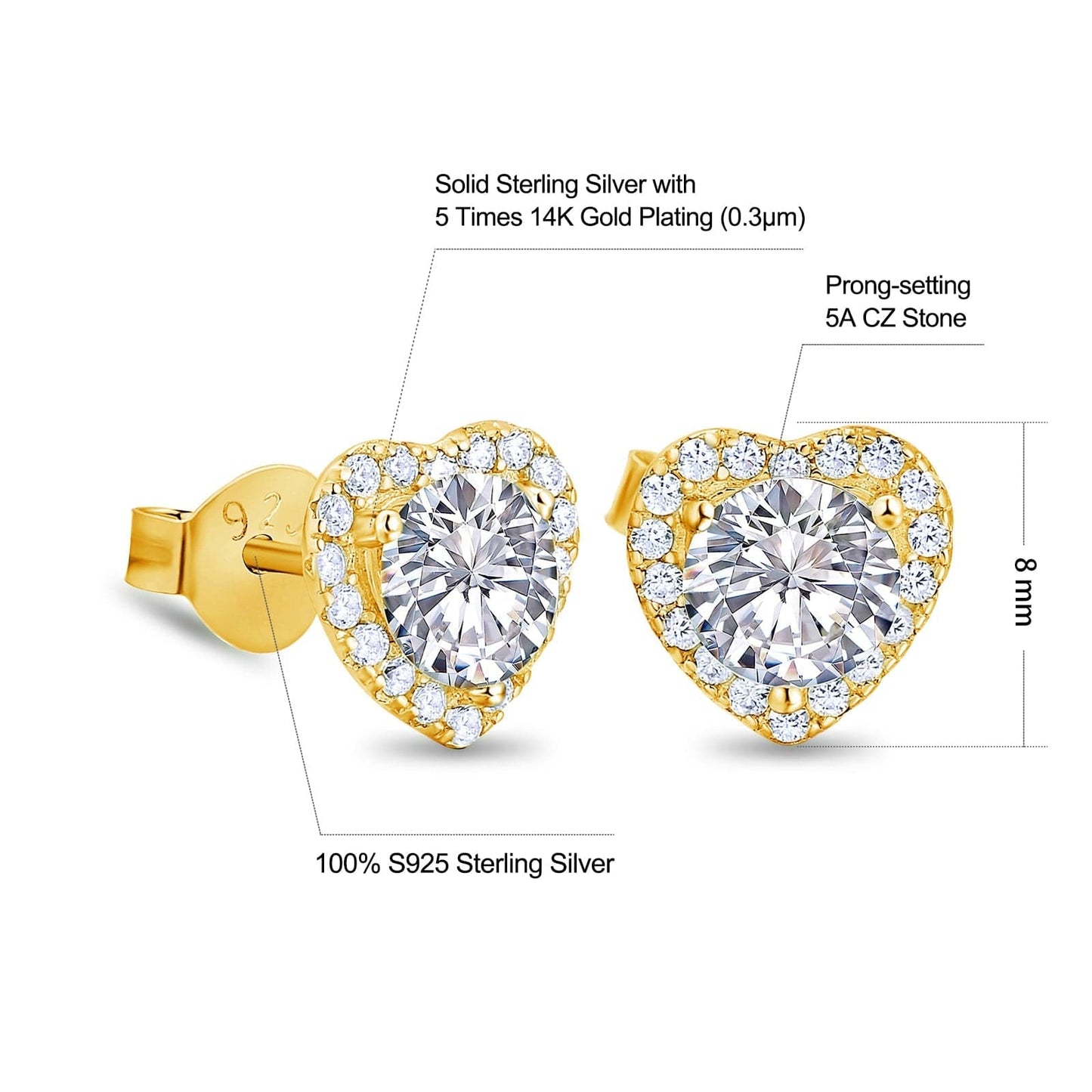 Heart-shaped Stud Earrings CZ Stone in 14K Gold / White Gold