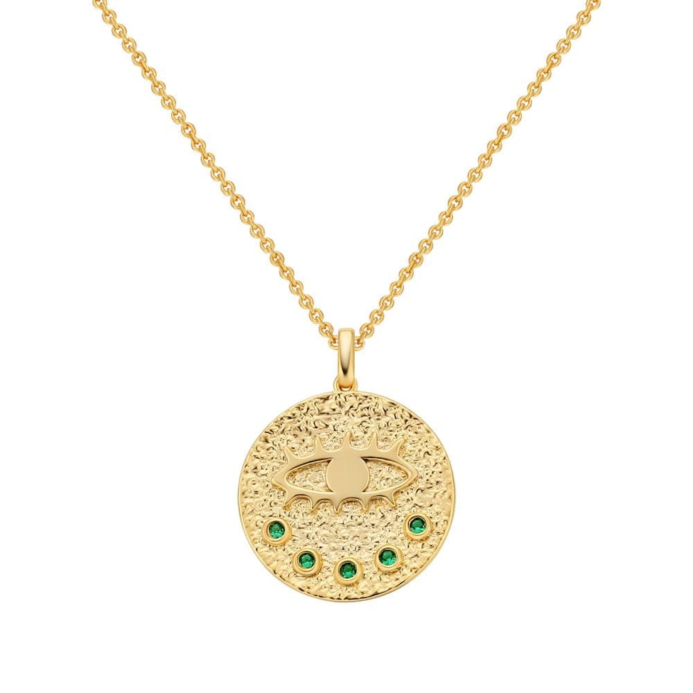 Wholesale 925 Sterling Silver Evil Eye Emerald Gold Coin Pendant Necklace for Women