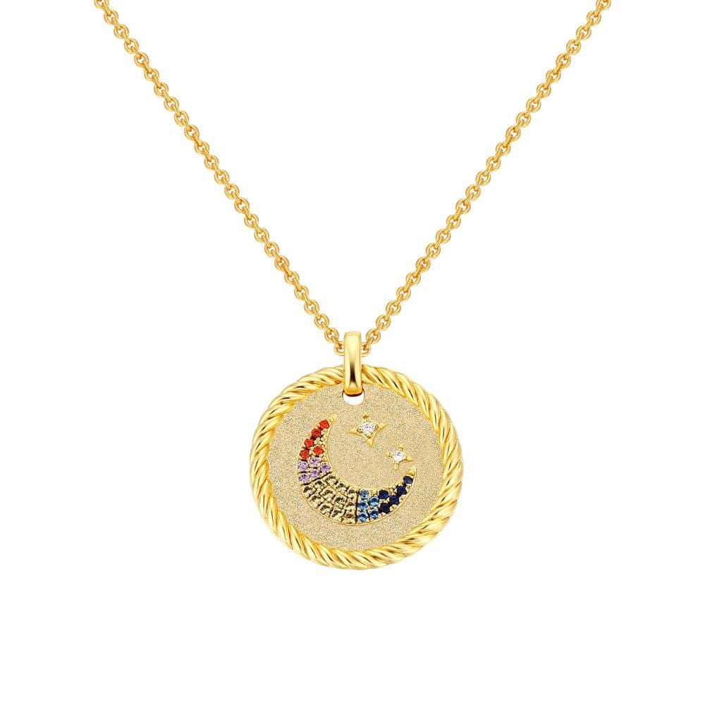 Wholesale 925 Sterling Silver Diamond Crescent Moon and Stars Gold Coin Pendant Necklace for Women