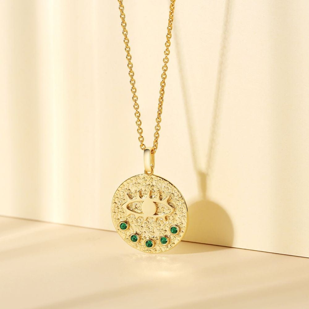 Wholesale 925 Sterling Silver Evil Eye Emerald Gold Coin Pendant Necklace for Women