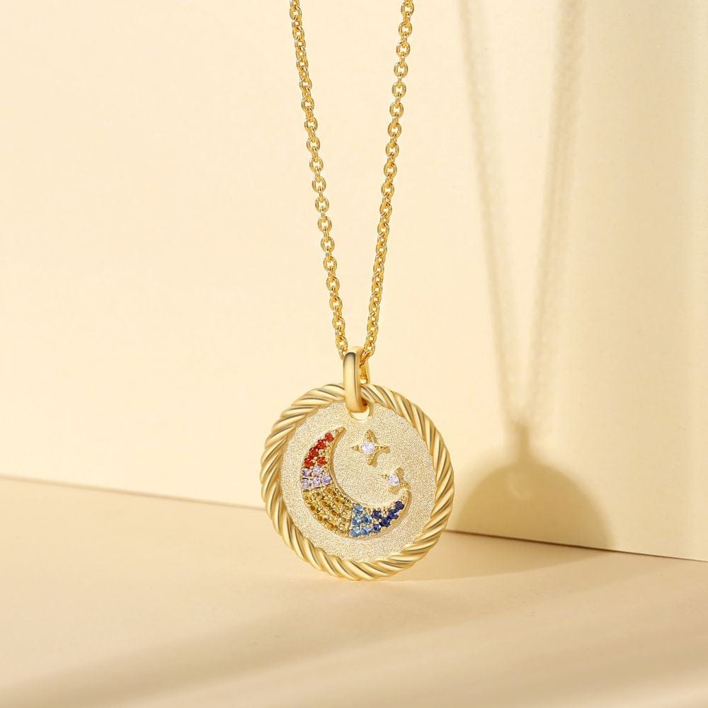 Wholesale 925 Sterling Silver Diamond Crescent Moon and Stars Gold Coin Pendant Necklace for Women