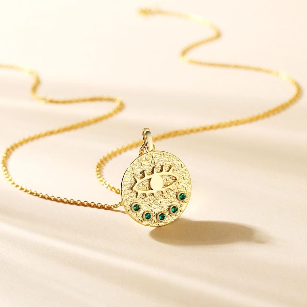 Wholesale 925 Sterling Silver Evil Eye Emerald Gold Coin Pendant Necklace for Women